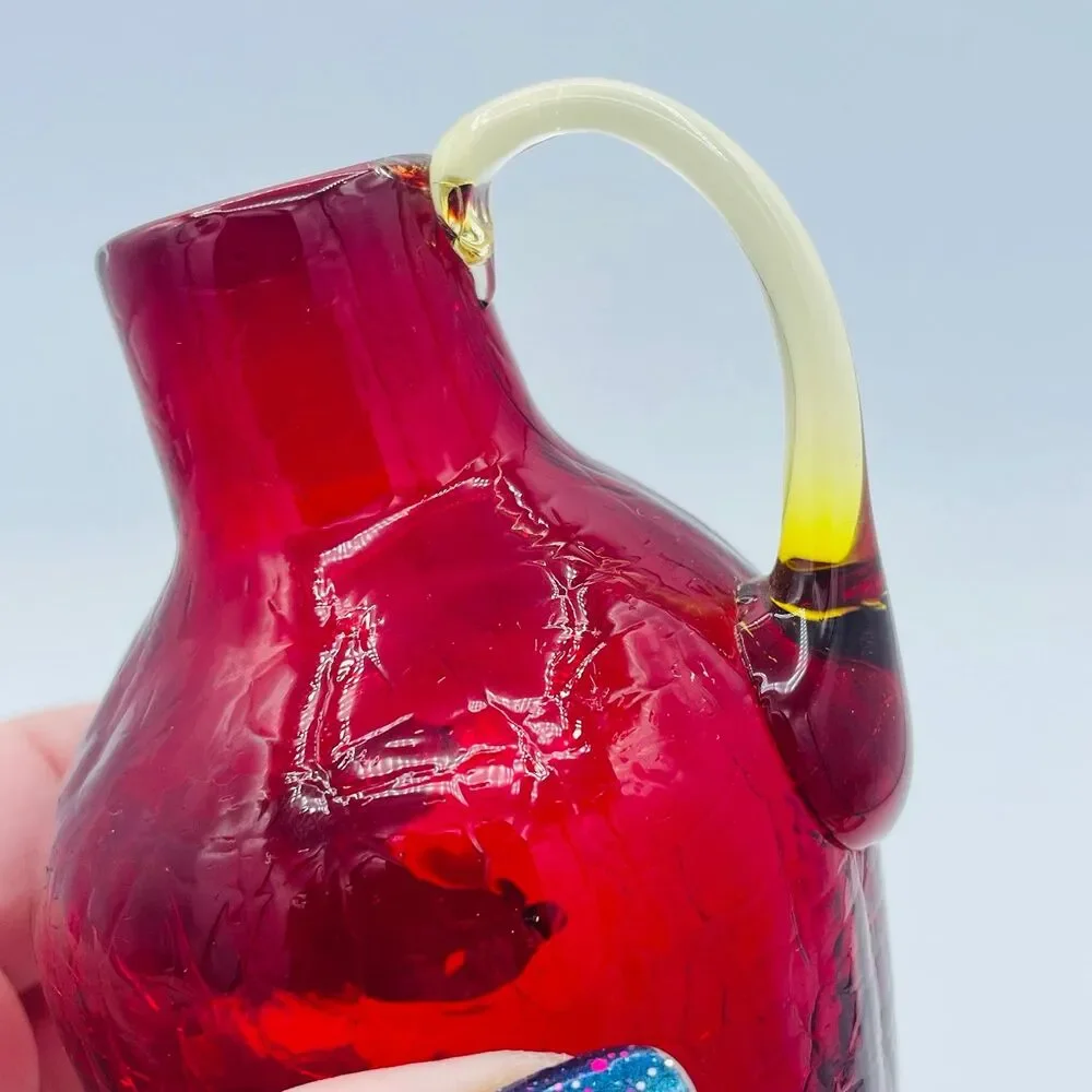 Mini Red Crackle Glass Hand Blown Pitcher Applied Yellow Handle